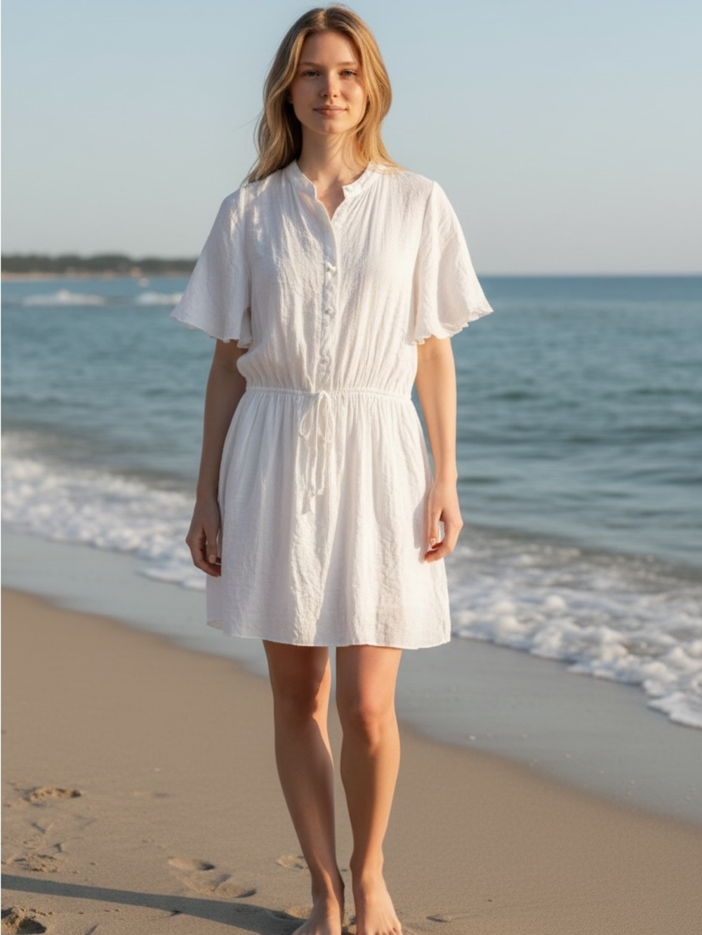 Cupshe White Gauze Button-Down Mini Dress Flutter Sleeve Drawstring Waist SMALL